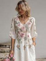 Bohemian Style Plant Flower And Butterfly Pattern Embroidery Women's Cotton And Linen Dress