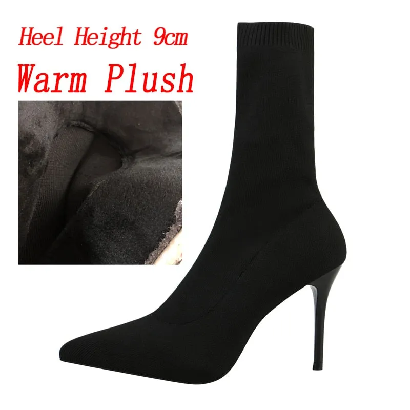 2022 Women Stretch Knitted Sock Boots 7cm 9cm High Heels White Ankle Boots Stripper Low Block Heel Lady Warm Winter Chunky Shoes