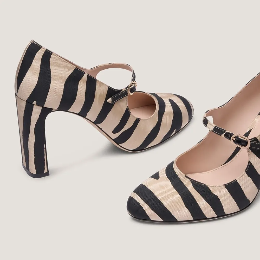 Fabric Round Toe Block Heel Mary Jane Pumps in Zebra Print