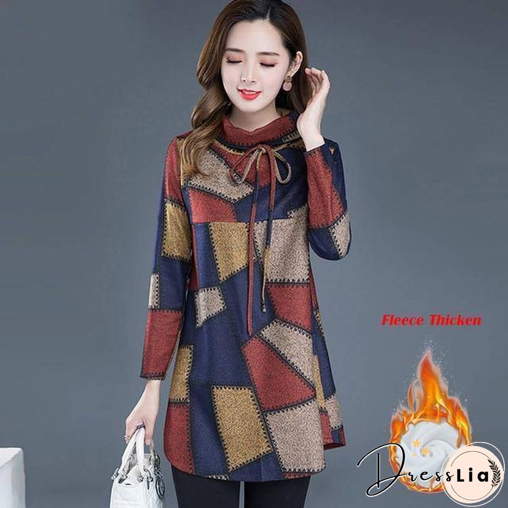 Tunic Women Long sleeve Plus size Tops Vintage Blouse Turtleneck Plaid Autumn Winter Warm Shirt Clothes Ladies Casual
