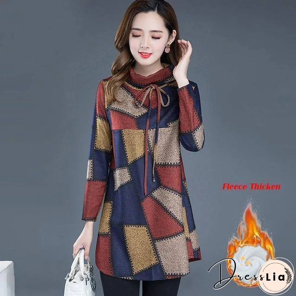 Tunic Women Long sleeve Plus size Tops Vintage Blouse Turtleneck Plaid Autumn Winter Warm Shirt Clothes Ladies Casual