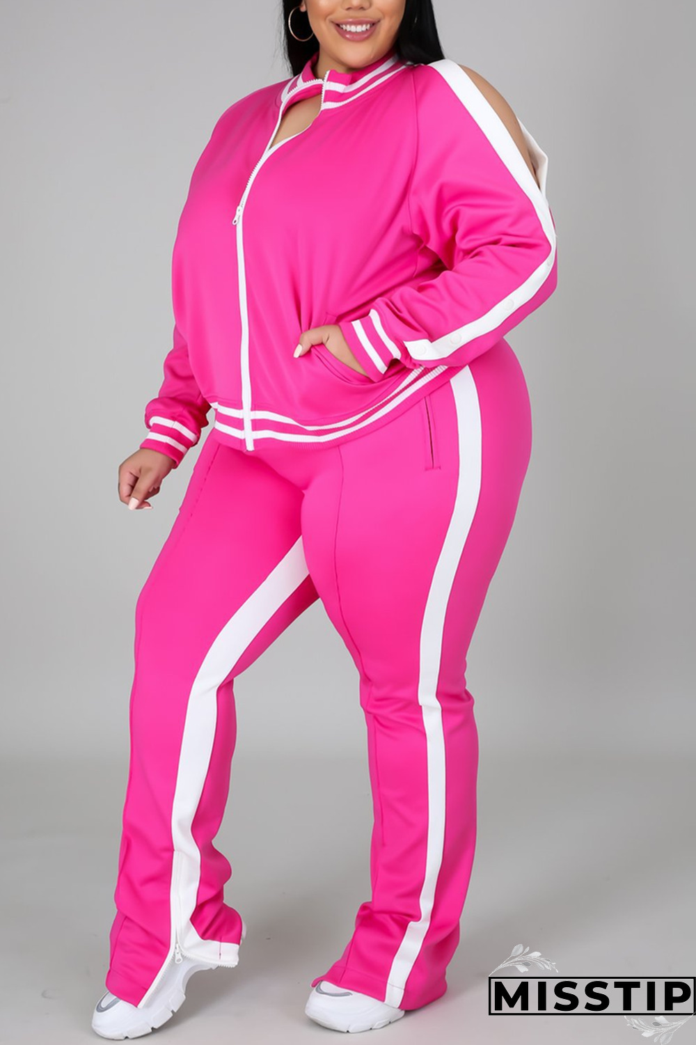 Black Fashion Casual Sportswear Zipper Collar Long Sleeve Regular Sleeve Patchwork Plus Size Set