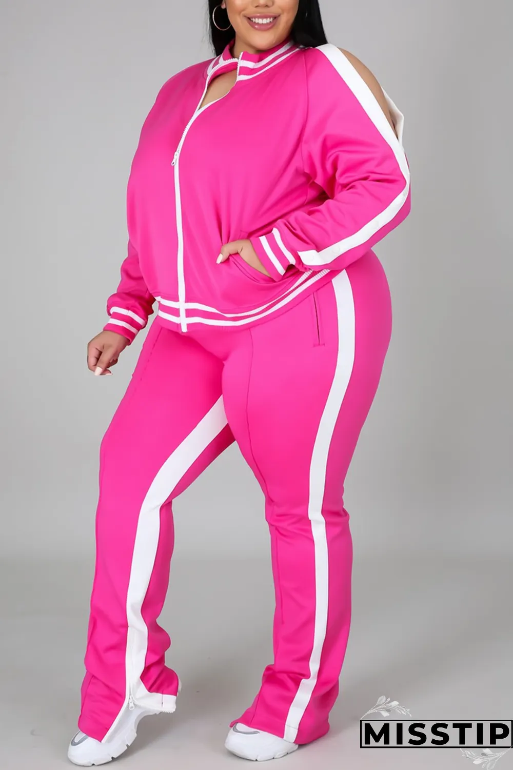 Black Fashion Casual Sportswear Zipper Collar Long Sleeve Regular Sleeve Patchwork Plus Size Set