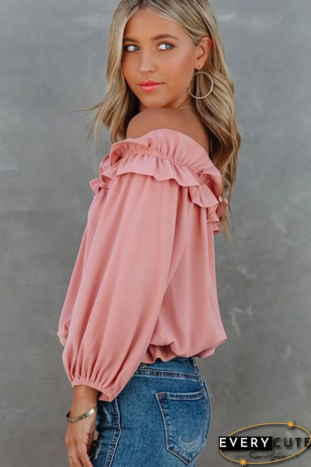 Pink Puff Sleeve Ruffled Off Shoulder Blouse