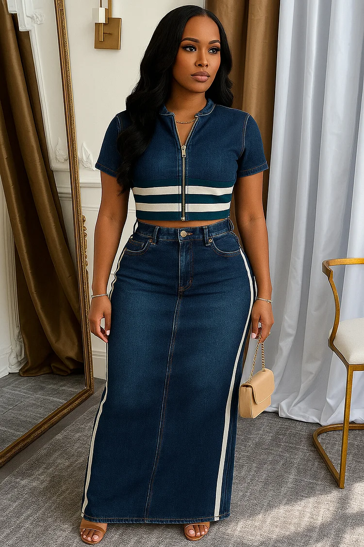Striped Zip-Up Short Sleeve Top Maxi Skirt Denim Print 2pcs Set-Blue [Pre Order]
