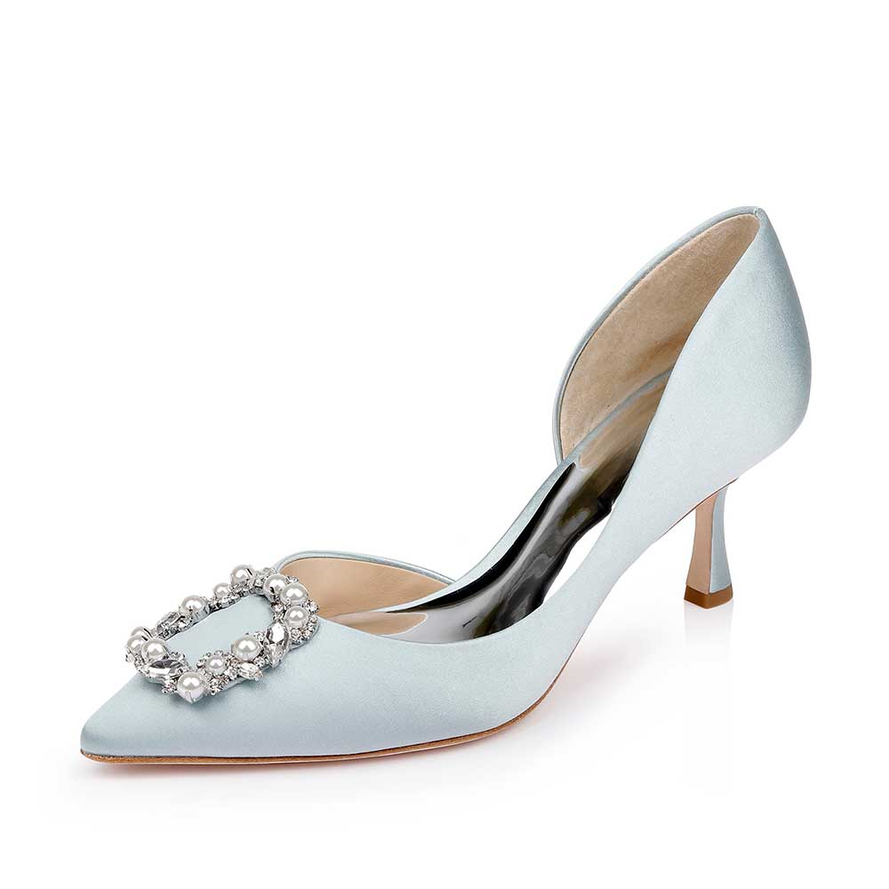Elegant Light Blue Satin Pearl & Rhinestone Buckle Wedding Heels Nicepairs