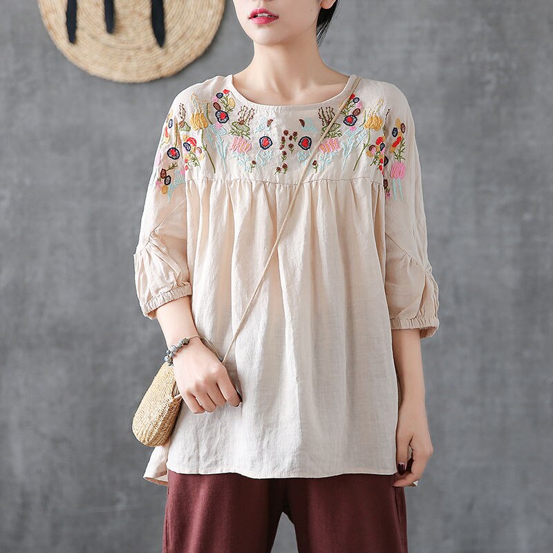 Vintage Floral Embroidery Women Loose Blouse