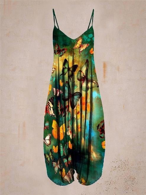 Ladies Green Butterfly Pattern Sleeveless Harem Jumpsuit