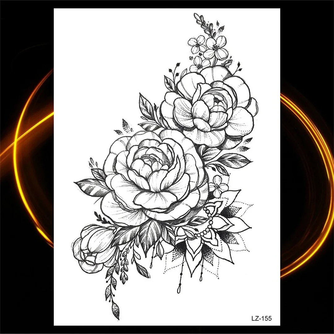 Sdrawing Rose Flower Moon Temporary Tattoos For Women Adult Pendant Peony Lotus Fake Tattoo Calf Thigh Body Art Waterproof Tatoos