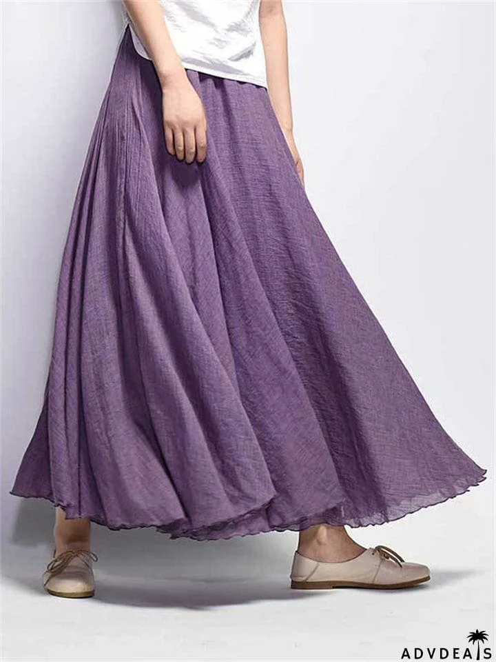 Women's Elastic Waist Pleated Maxi Linen Skirts