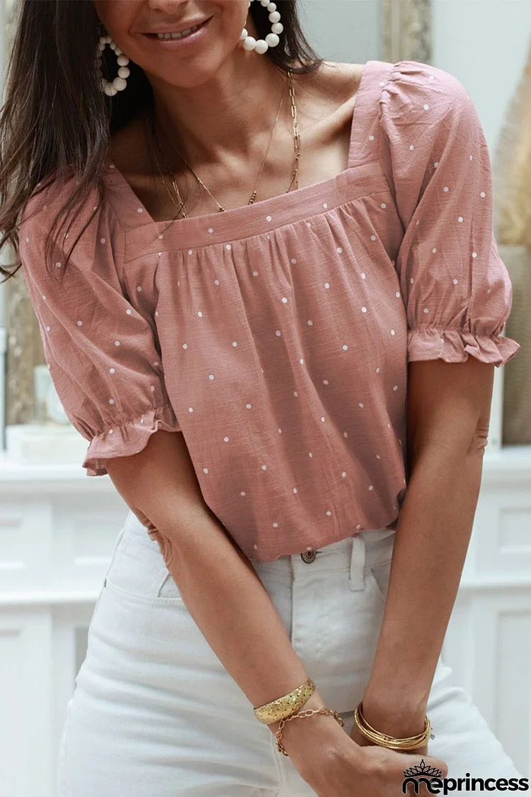 Square Neck Dotted Print Puff Sleeve Blouse with Tie Back