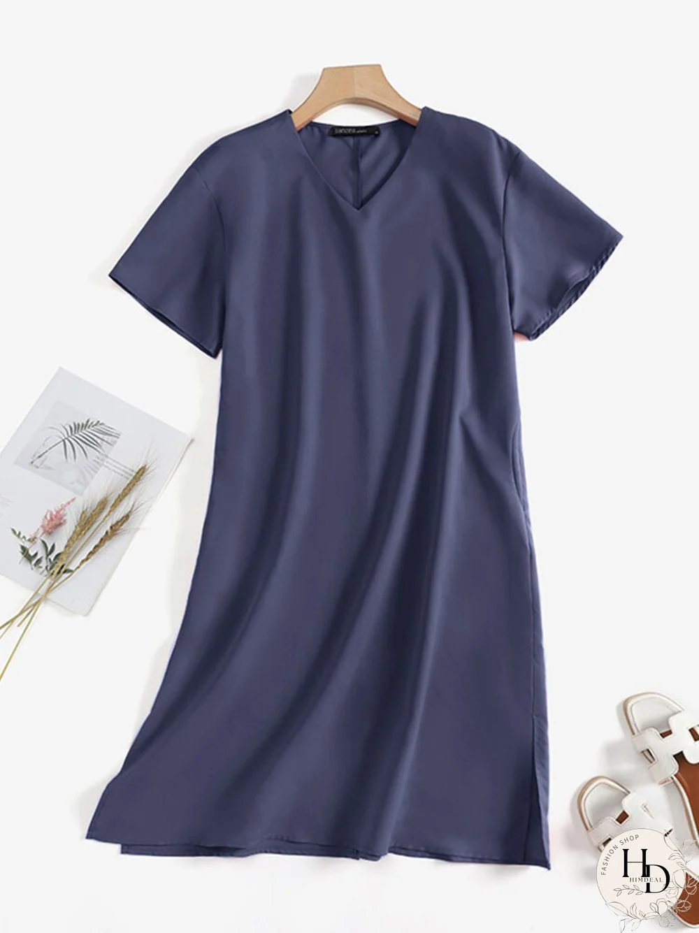 Solid Pocket Slit Hem V-neck Rolled Short Sleeve Dress