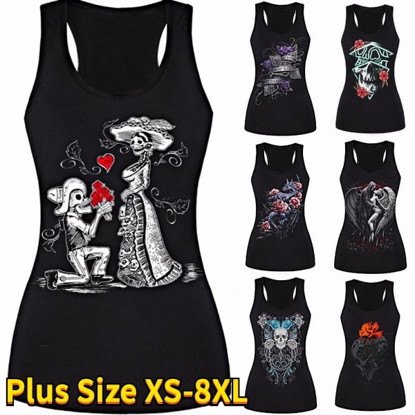New Women's Skull Print Cut Out Back Tank Top Gothic Sleeveless Shirt Tops Racerback Vest Tops Plus Size XS-8XL - BlackFridayBuys