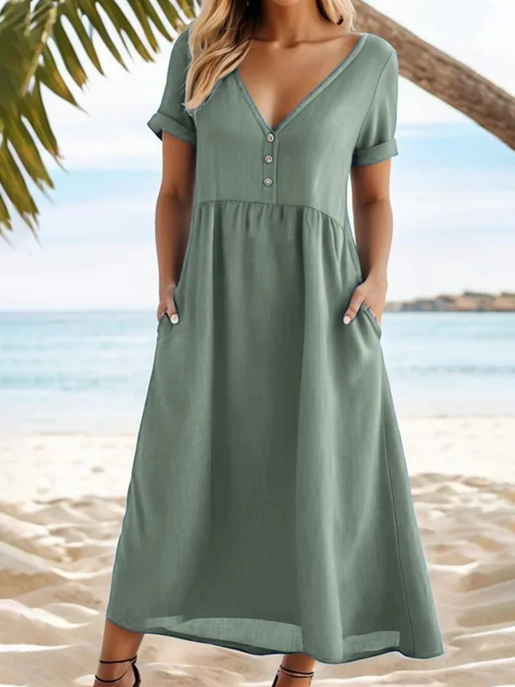 V-neck Short Sleeve Solid Color Pocket Casual Dress