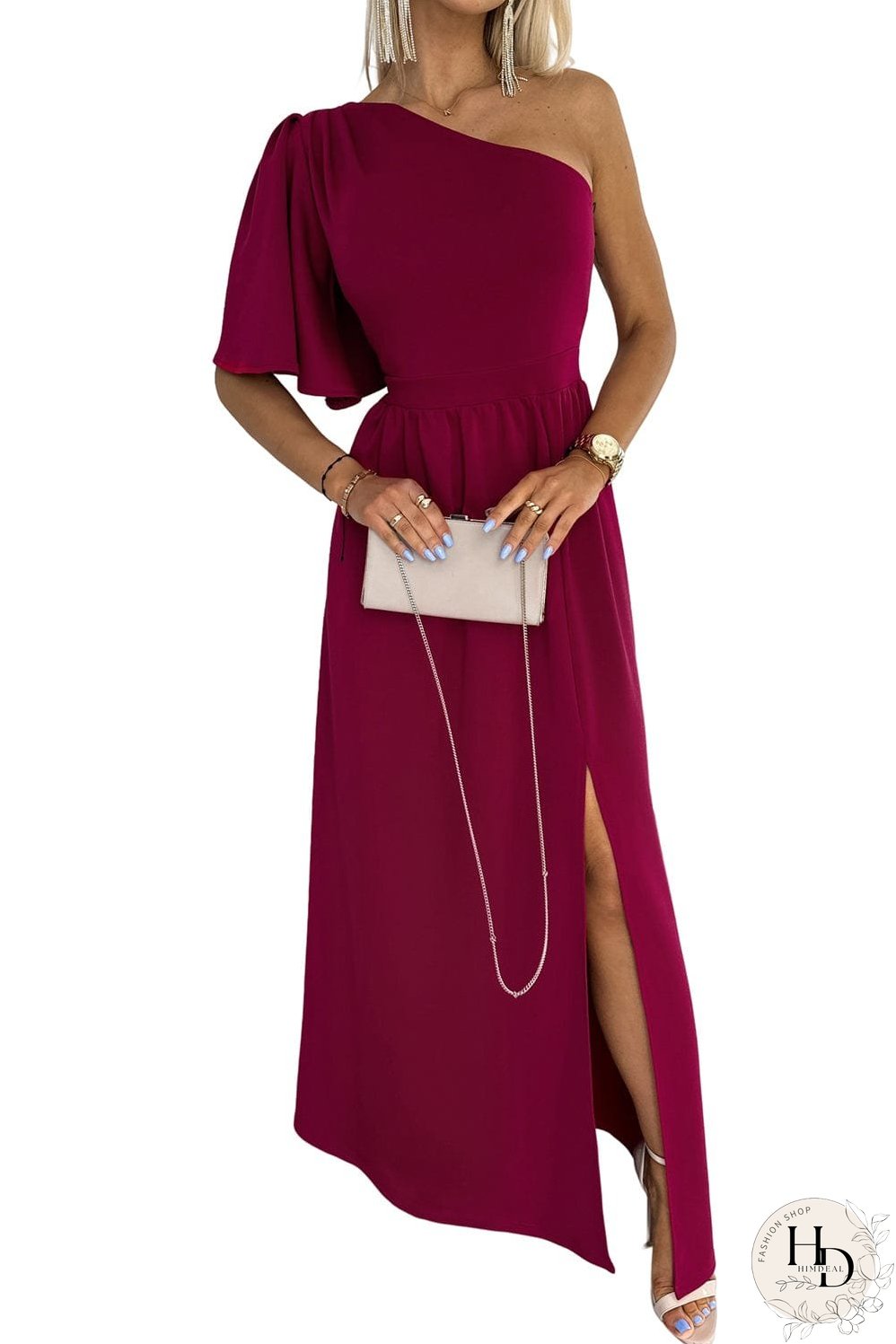 Solid Sloping Shoulder Slit Dress