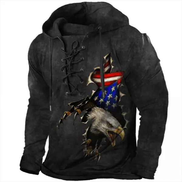 Men Vintage Eagle Claw Print Lace Up Vintage Hooded Sweatshirt