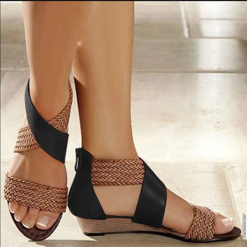 Vstacam  2022 Fish Mouth Leather Canvas Women Weave Wedge Heel Shoes Zipper Sandals Casual Beach Sandals Roman Shoes
