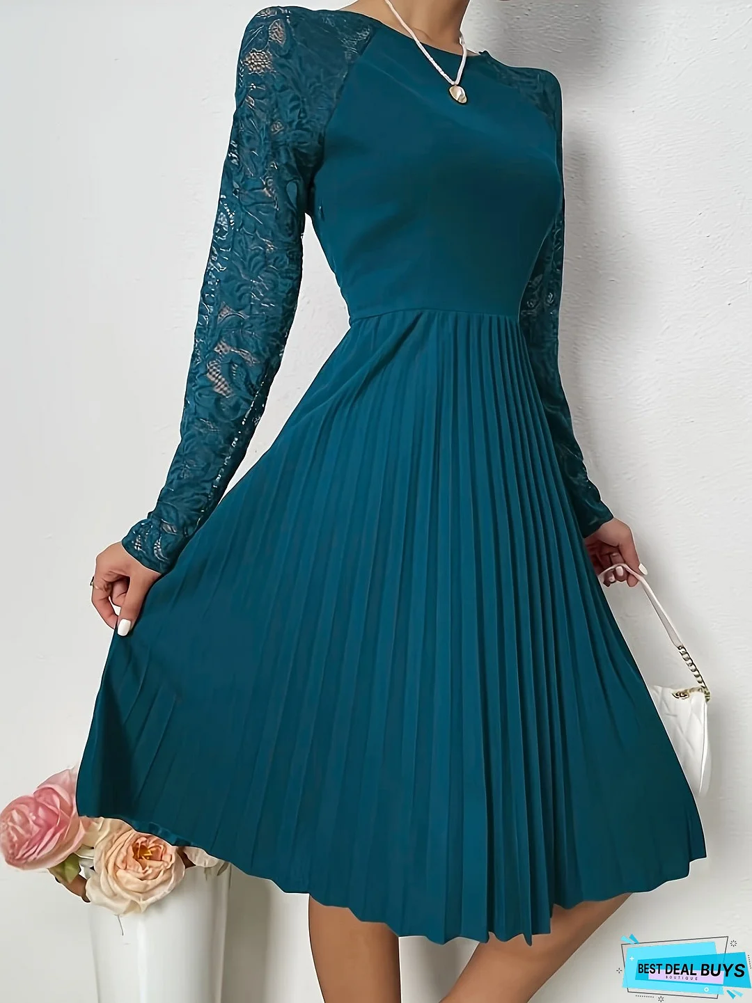 Lace Long Sleeve Pleat Dress, Elegant Crew Neck Flare Dress, Women's Clothing