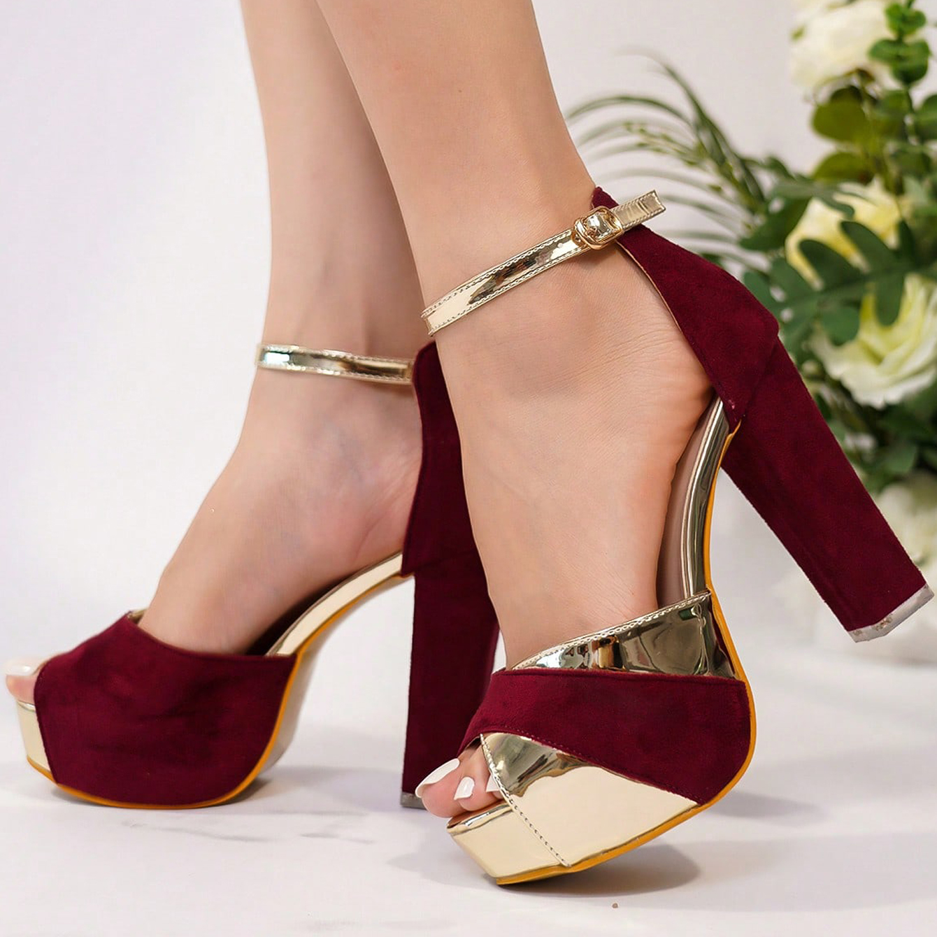 Maroon Velvet & Gold Vegan Leather Opened Toe Ankle Strappy Platform Sandals With Chunky Heels Nicepairs