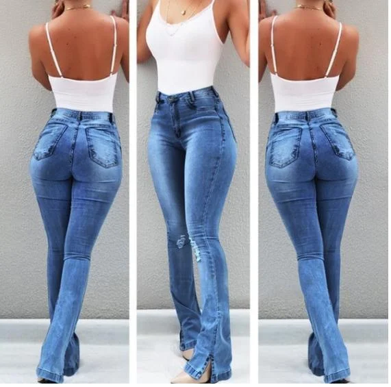 Women&#39;s High Waisted Jeans Skinny Ripped Boot Cut Denim Pants Sexy Push Up Flare Trousers Stretch Blue Bell Bottom Jean Female