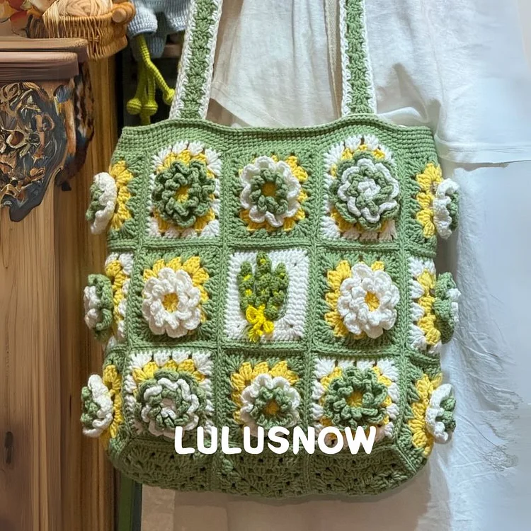 Lulusnow Handmade Green White Flora Bag Crochet Shoulder Bag Gift For Her/Christmas/Valentine's/Easter/Mother Day 