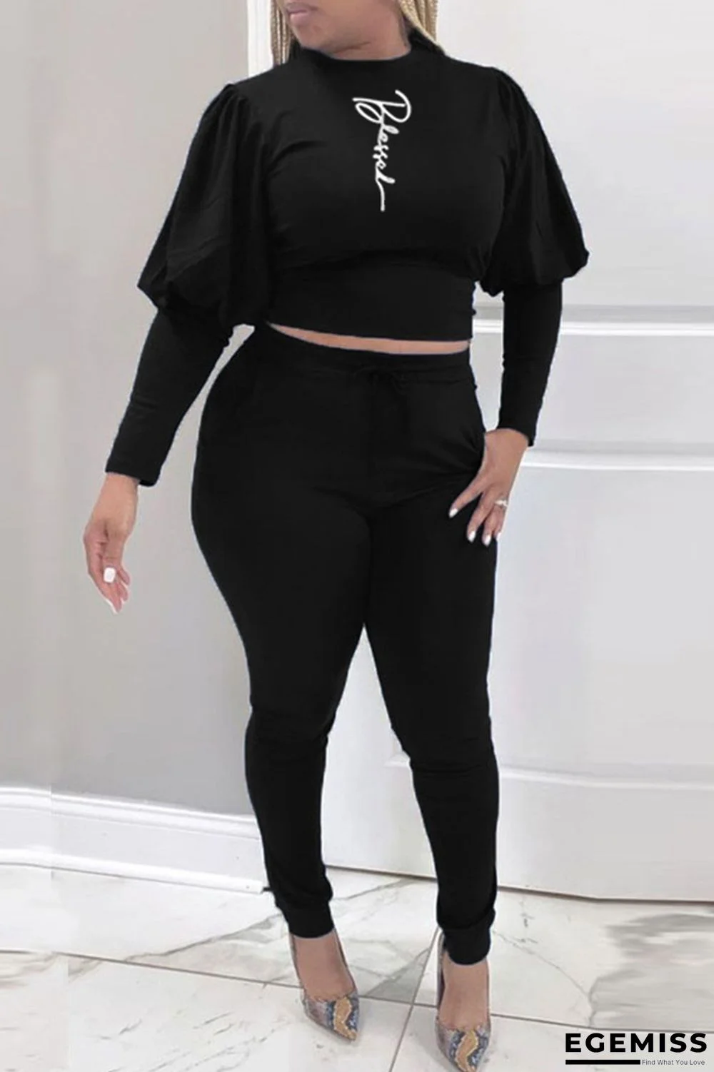 Black Casual Print Patchwork O Neck Long Sleeve Two Pieces | EGEMISS