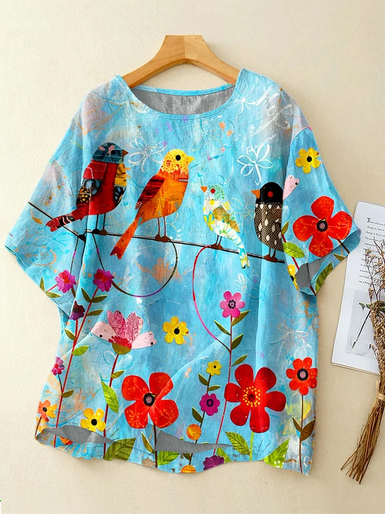 Women's Vintage Floral Bird Art Print Casual Linen Crew Neck Shirt