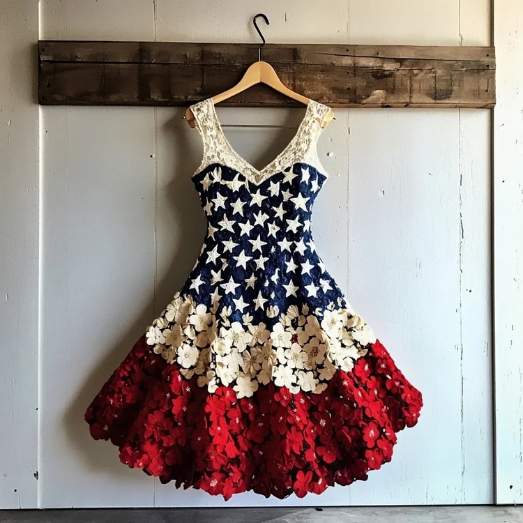 VChics Women's Vintage Independence Day Flowers Art Mini Dress