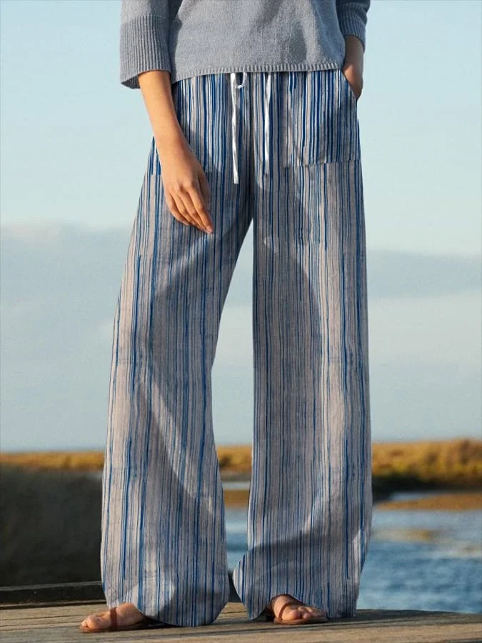 Women's Gradient Stripe Design Loose Pocket Splicing Casual Pants socialshop