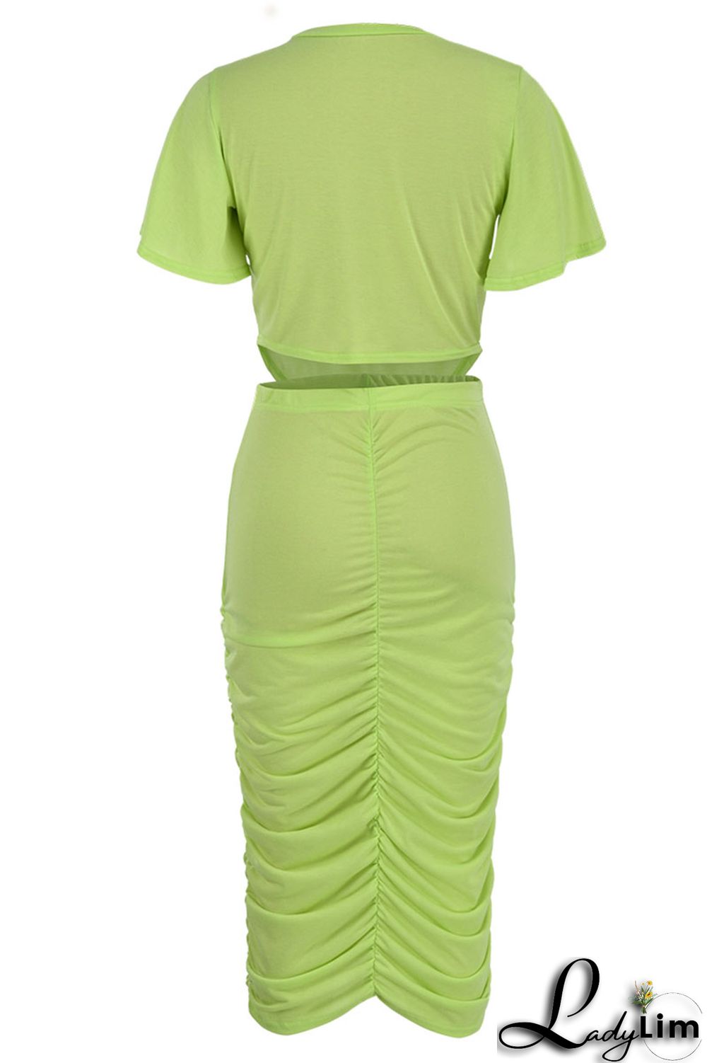 Green Yellow Casual Solid Patchwork Fold O Neck Short Sleeve Two Pieces