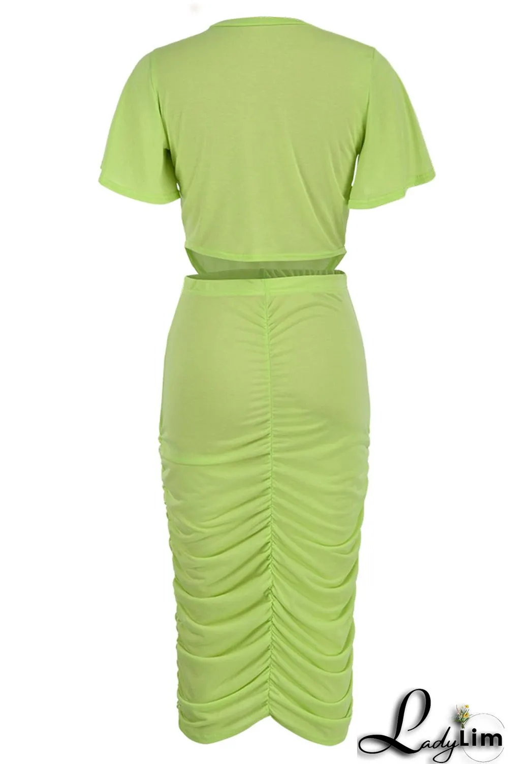 Green Yellow Casual Solid Patchwork Fold O Neck Short Sleeve Two Pieces