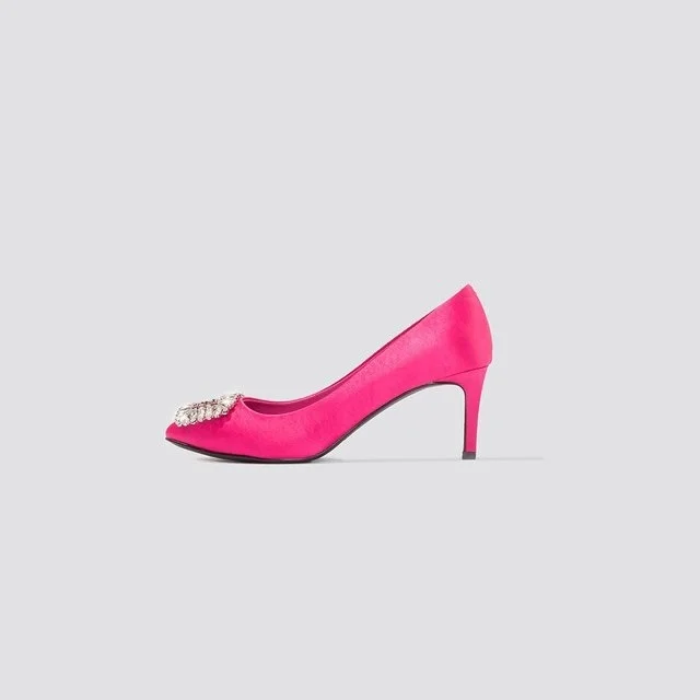Hot Pink Satin Crystal Embellished Stiletto Heels Pumps |FSJ Shoes