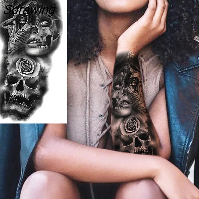 Sdrawing Warrior Punk Skeleton Gangster Rose Flower Temporary Tattoos For Women Men Lion Tiger Skull Rose Fake Tattoo Sexy Arm