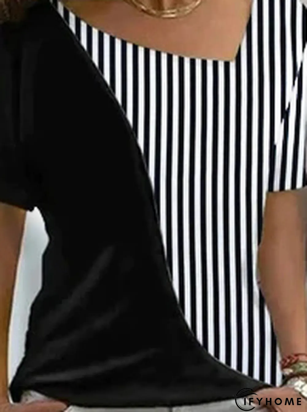 Cotton-Blend V Neck Striped T-Shirt | IFYHOME