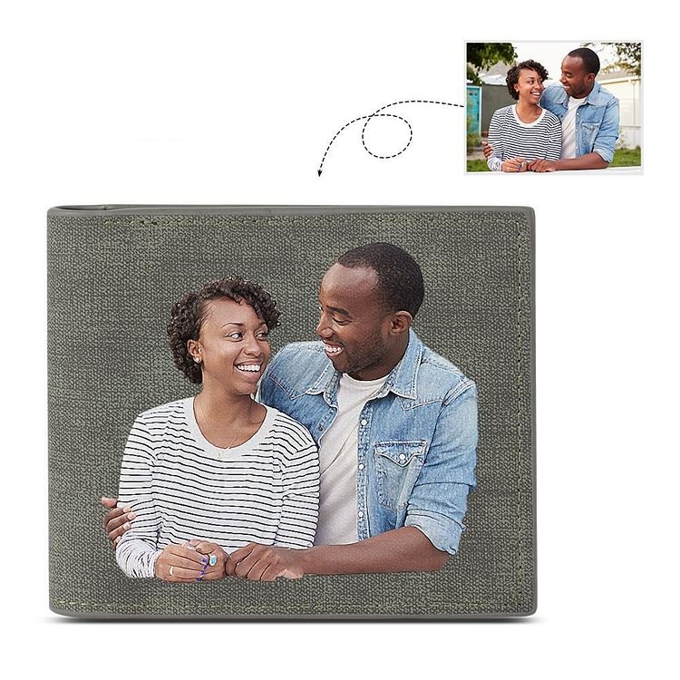 Men Bifold Photo Wallet Personalized with Engraving Grey Leather Father's Day Gifts