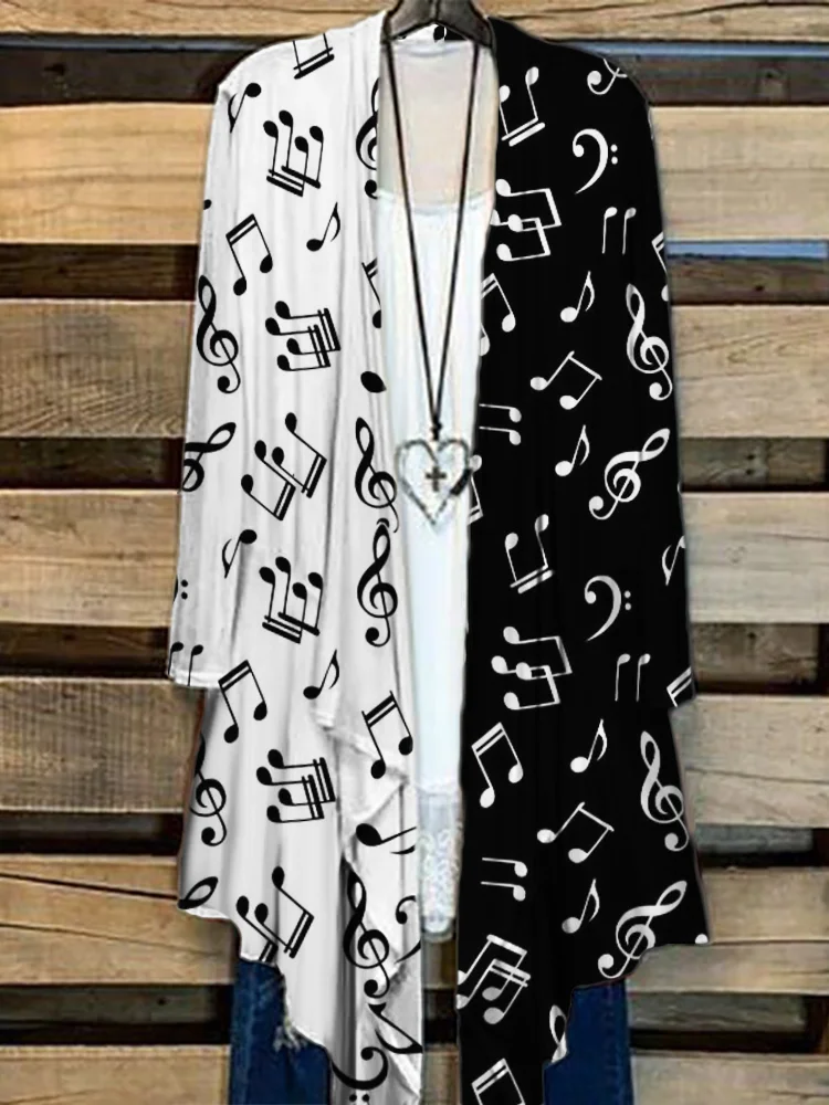 Music Notes Contrast Color Flowy Kimono Cardigan
