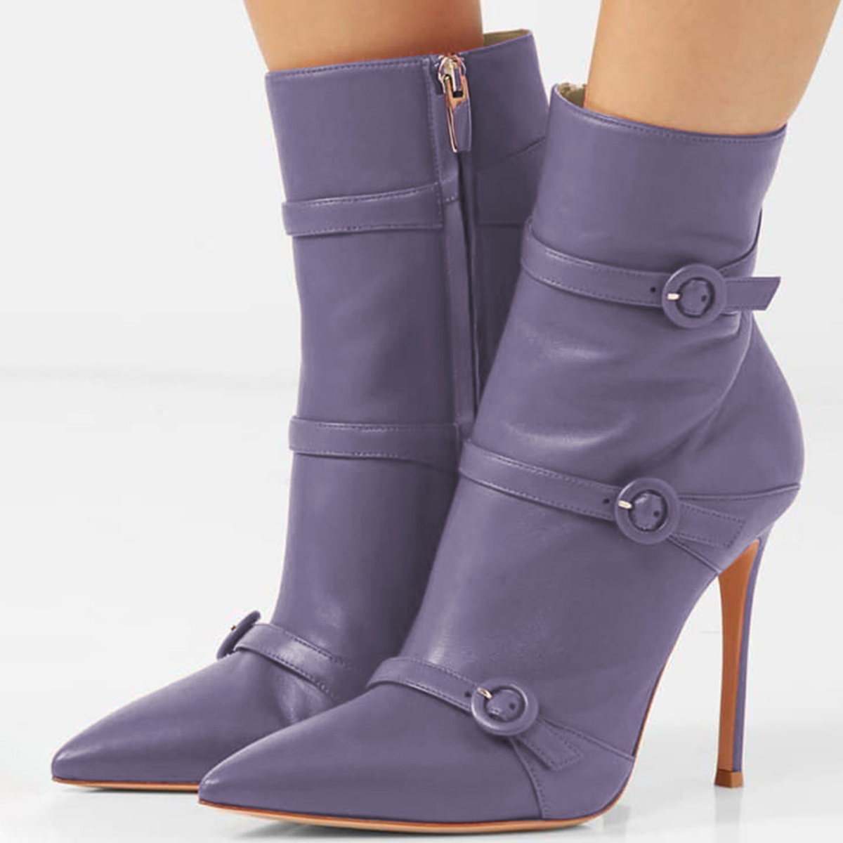 Purple Pointed Toe Stiletto Heel Buckled Strap Ankle Boots with Zipper Nicepairs