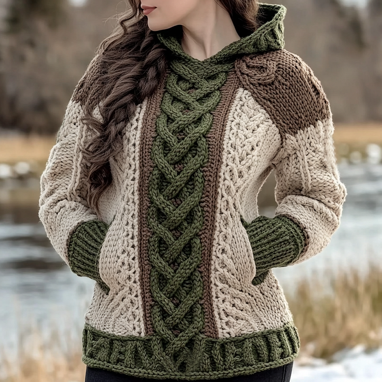 Utbros Women's Irish Celtic Knotted Jacquard Pocket Ireland's Hooded Sweater