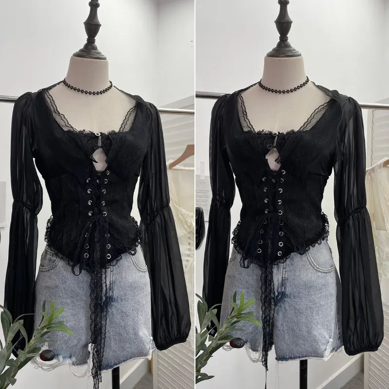 Uveng French Court Wind Strapped With Waist Fish Bone Shirt Lace Shirt Back Waist To Take Short Top 8803