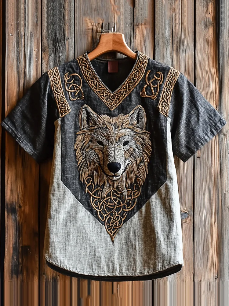 Men's Vintage Viking Celtic Wolf Fenrir Linen T Shirt / Rvogue / Rvogue