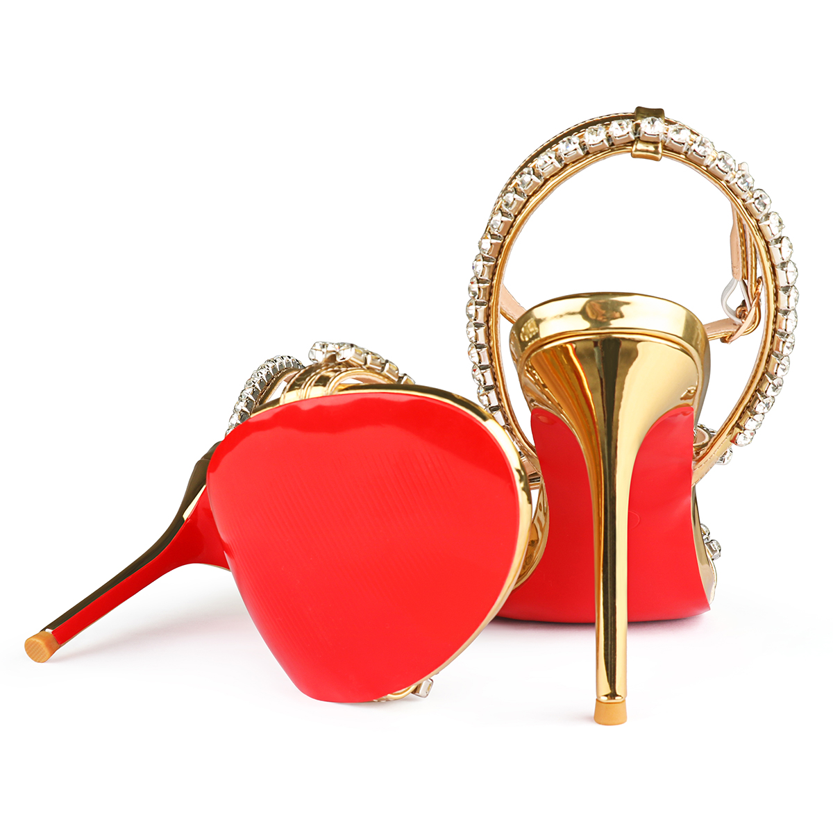 100mm Women's Sandals Round Open Toe Red Bottom Rhinestones Spotlight Wavy Straps Ankle Straps Sandals -MERUMOTE