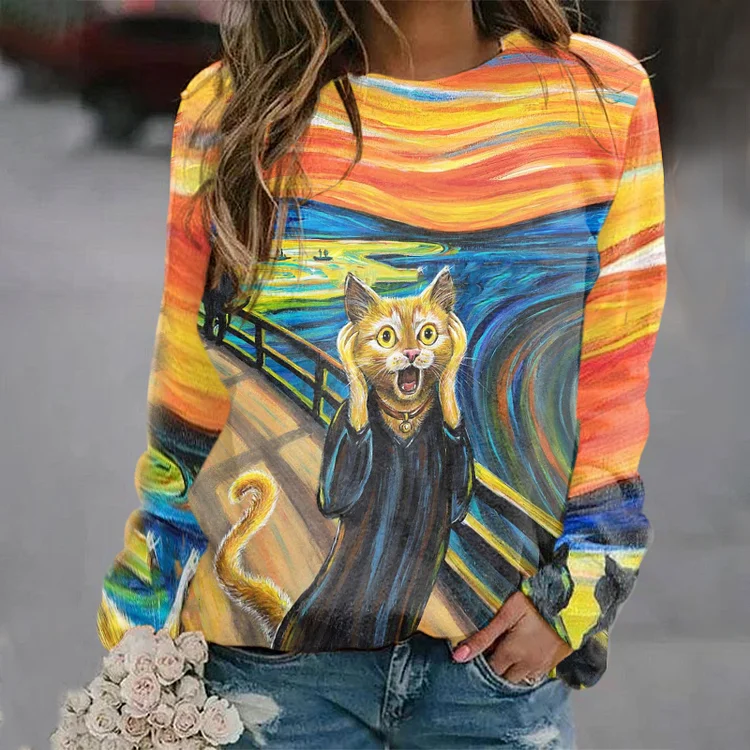 Vefave Round Neck Cat Shouting Oil Painting Sweatshirt