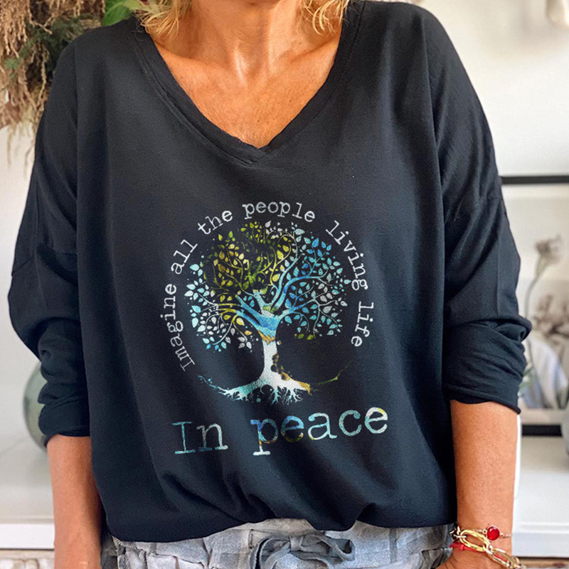 Tree Of Life Imagine All The People Living Life Printed T-shirt