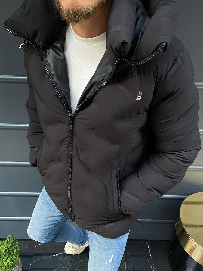 Men Zip-up Pocket Hooded Down Coat