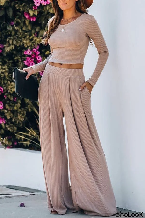 POCKETED RIBBED WIDE LEG PANTS