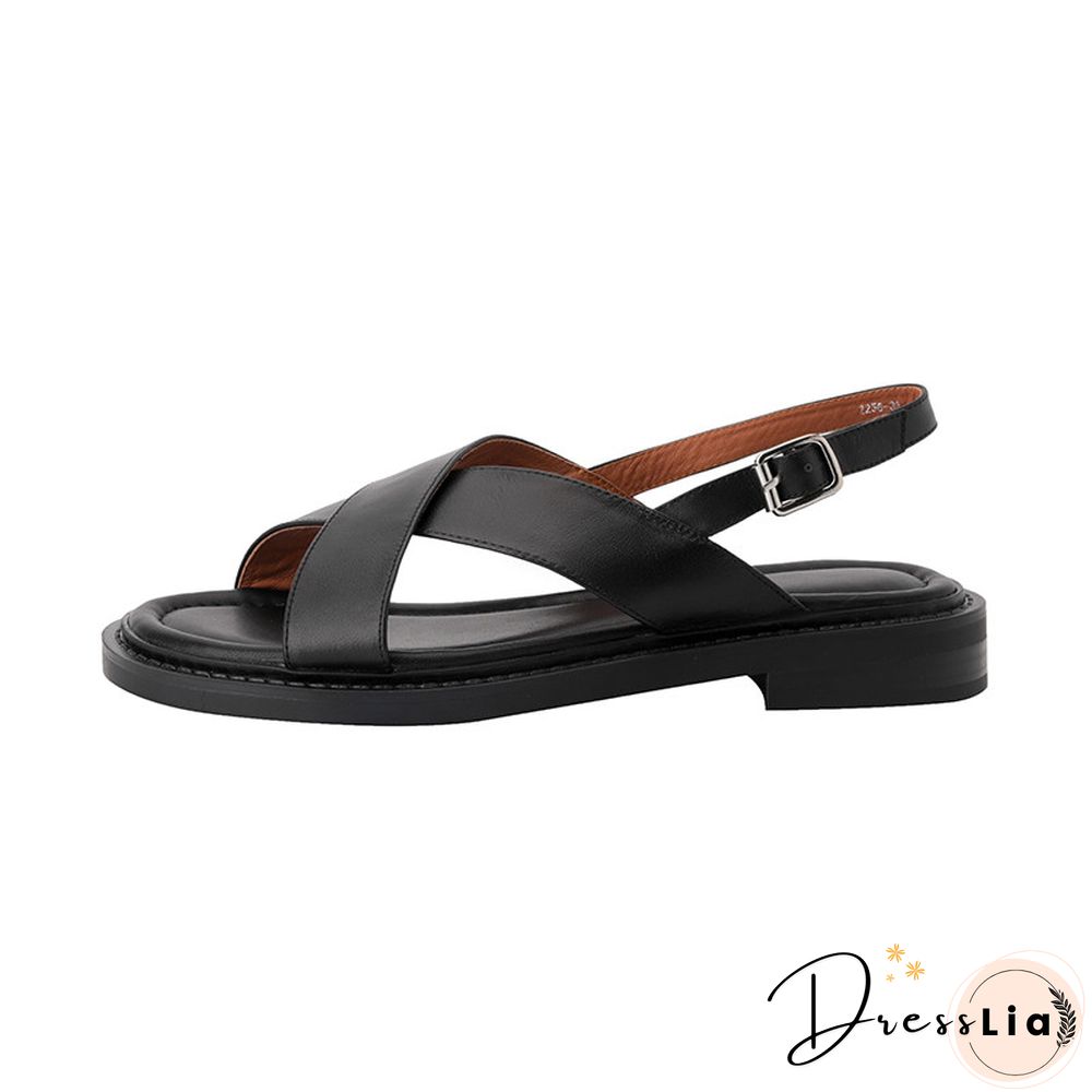 Women Sandals Retro Gladiator Casual Pumps Genuine Leather Low Heels Office Ladies Shoes Woman Summer Fashion Concise