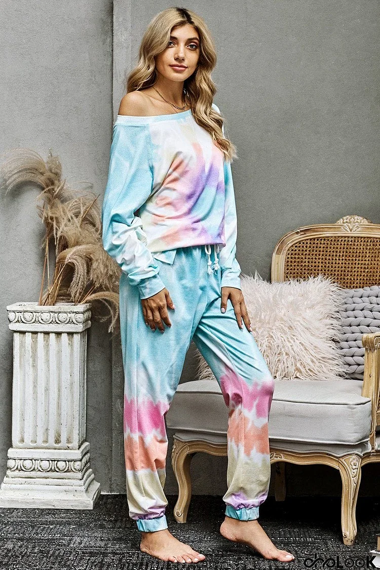 Multicolor Cotton Blend Pocket Tie-dye Pant Loungewear Set