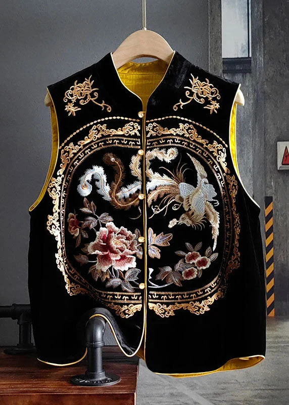 Retro Black Stand Collar Embroideried Patchwork Silk Velour Vest Spring