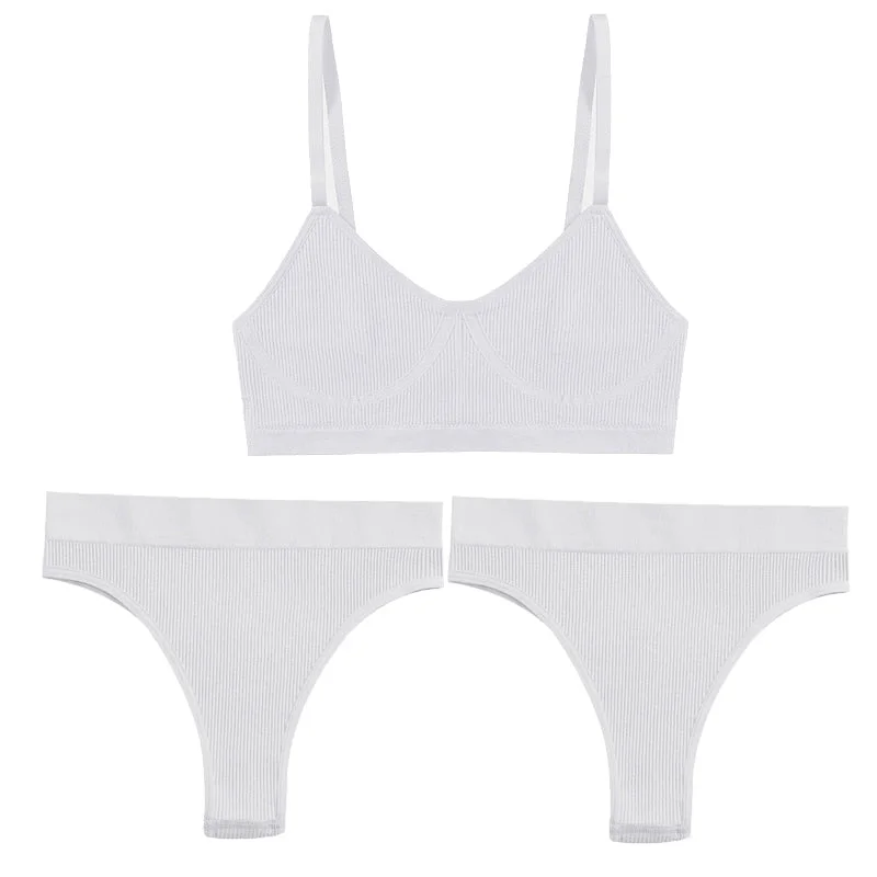 3PCS Bra Set Women Underwear Sexy High Waist Bodyshaper Briefs Thong Panties Female Bralette Lingerie Basic Top Active Brassiere