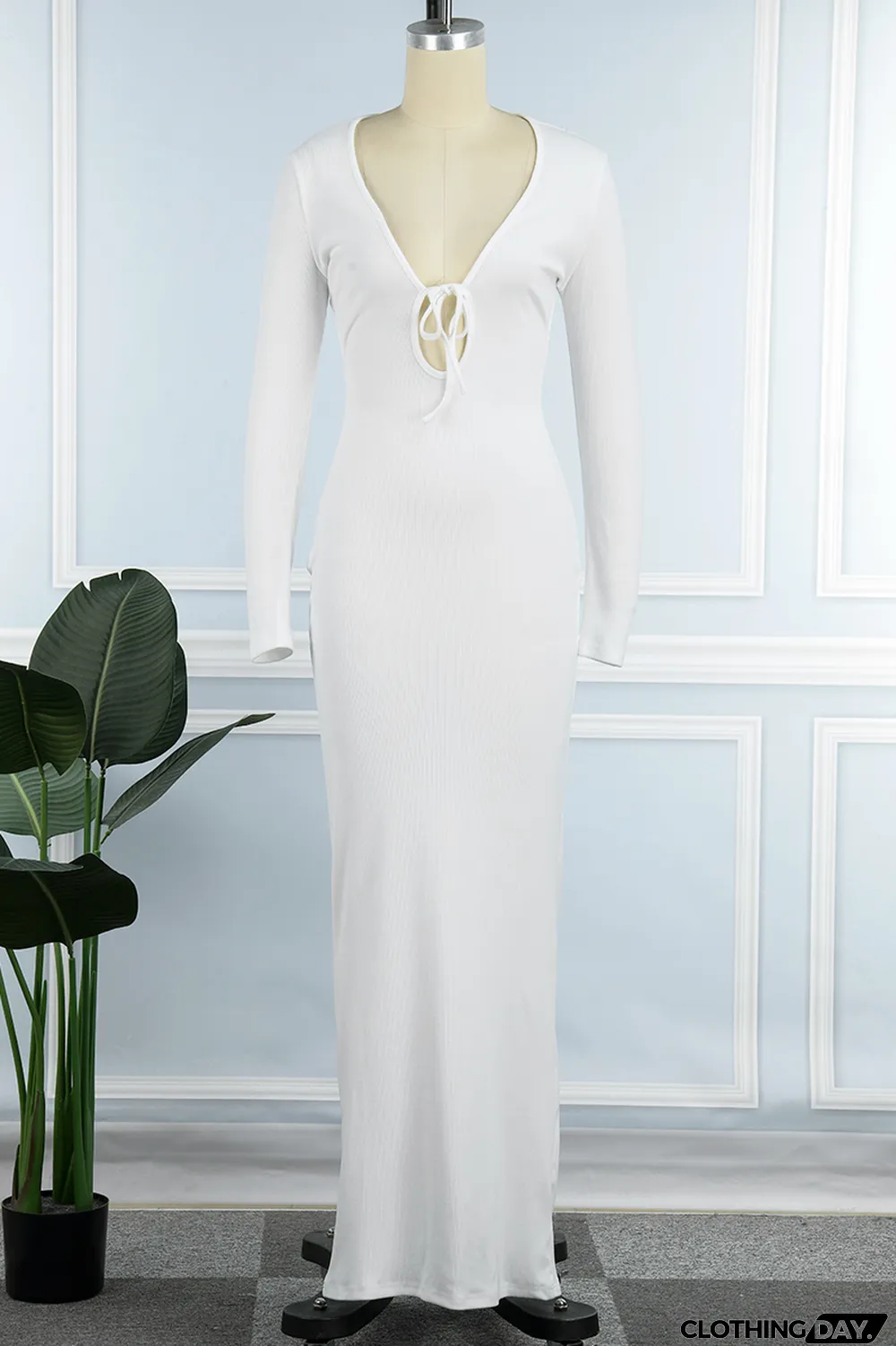 White Sexy Simplicity Solid Frenulum V Neck One Step Skirt Dresses